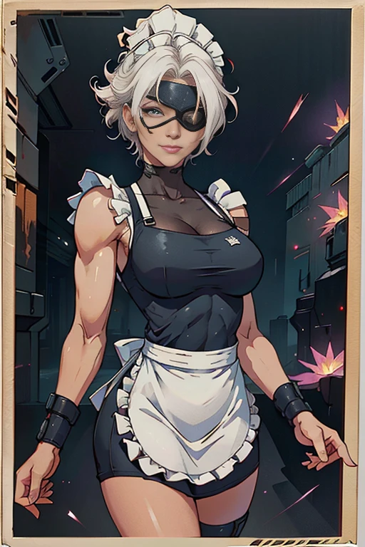 Beautiful female cyborg soldier wearing maid clothes、Short white hair、Muscular、Six Pack Abaid clothes:1.8)、(White ruffled apron:1.4)、Facial blemishes、Eye patch、（Engage in a gunfight with space gangsters:1.55）、Smirking expression、Dynamic configuration、detailed、Photorealistic、8k、High resolution、Super detailed、Cinematic lighting、Dramatic colors、SF、Concept Art