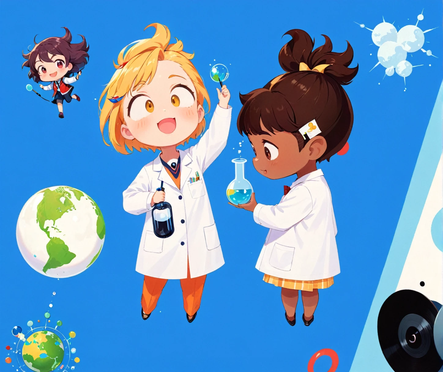 masterpiece, highquality, a close up of a cartoon of a group of people, album artwork, 🪔 🎨;🌞🌄, banner, school, kid, scientist, cute