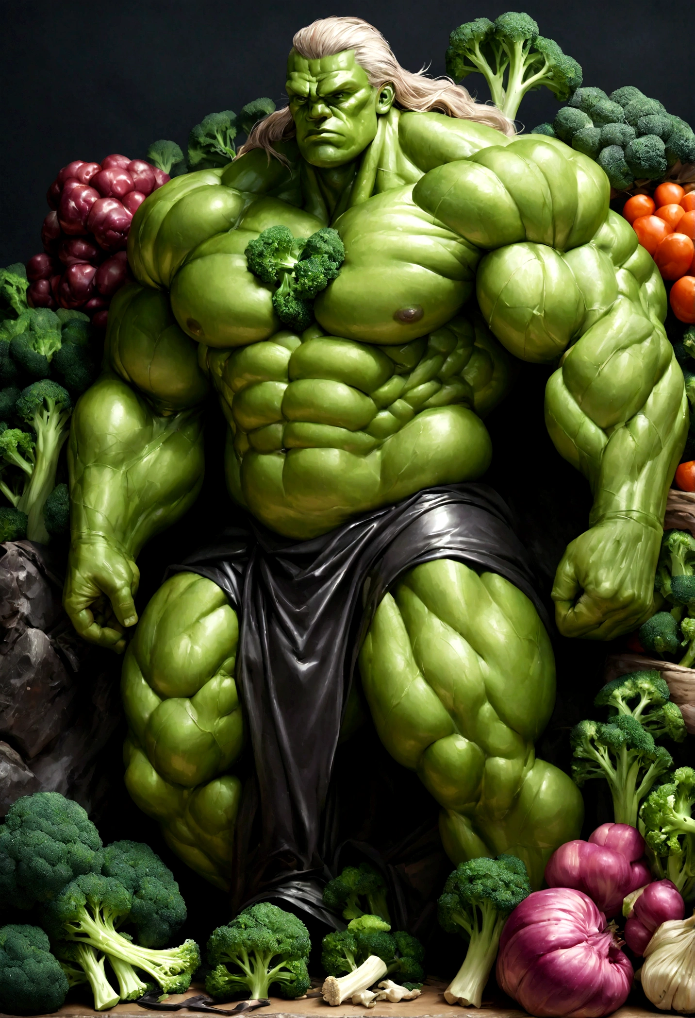 Close-up of a statue,There is a pile of vegetables on the statue, Hulk like physique, muscular character, muscular!!, head of broccoli, absurdly muscular physique, broccoli, muscular characters, muscular!!!, muscular!, muscular!! Science Fiction, Super realistic food pictures, Bulky, extreme muscles, muscular and terrifying, hulk body type, Muscle bulge