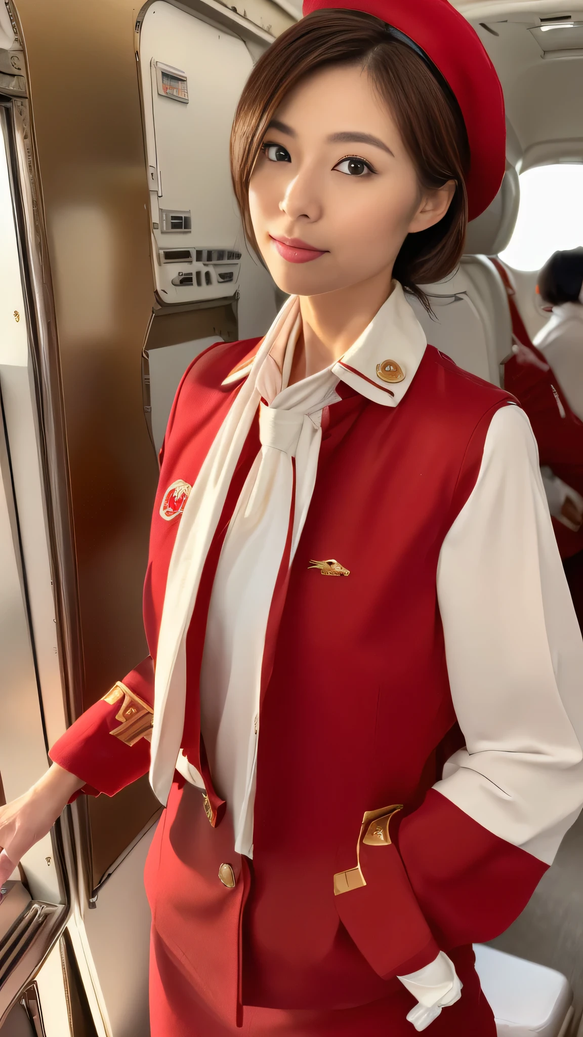 (8k, best quality, masterpiece, golden ratio composition,:1.3), (Zoom out shot:1.2), (A beautiful Japanese mature woman dressed in a classic flight attendant uniform, fitted red jacket, white blouse, red neck scarf, ,very small and short neck scarf, small red hat ,light makeup:1.4), (huge breasts), standing in an airplane cabin