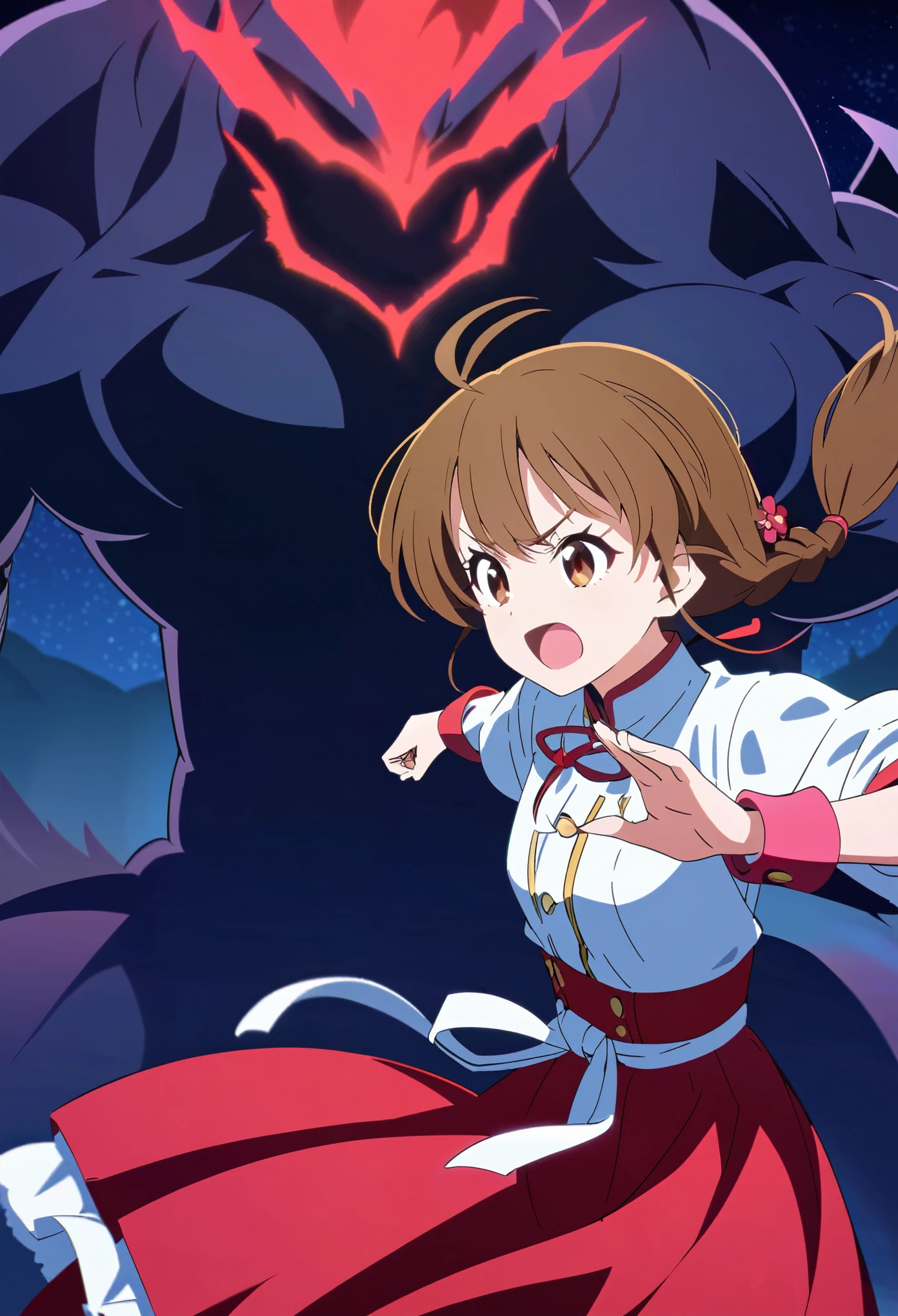 An anime girl wearing a red skirt and black,She has brown hair and eyes。Her hair was tied into two small braids.,And wearing red flower ornaments on the ears。She wears a white blouse,It has gold buttons and pink cuffs.。Karate stance,Black smoke and a huge black monster are emitted from the top and around。Maiden fights monsters,The right hand,night,Star,Faint light,Clean and tidy style