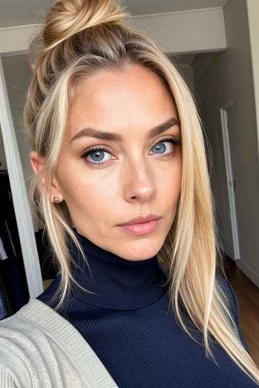 beautiful woman of 45 years old with blue eyes, blond with brown roots, hair in bun with tendrils, looking directly at the camera, very realistic, instagram selfie, closeup face, at home, dark blue tight turtle-neck polo tucked, high-waist beige/brown suitpants, clothes tight against body, clothes too tight, film grain, fit muscular body, big breasts, focus on face, clothes too tight, disappointed in viewer, angry eyes, dominating look
