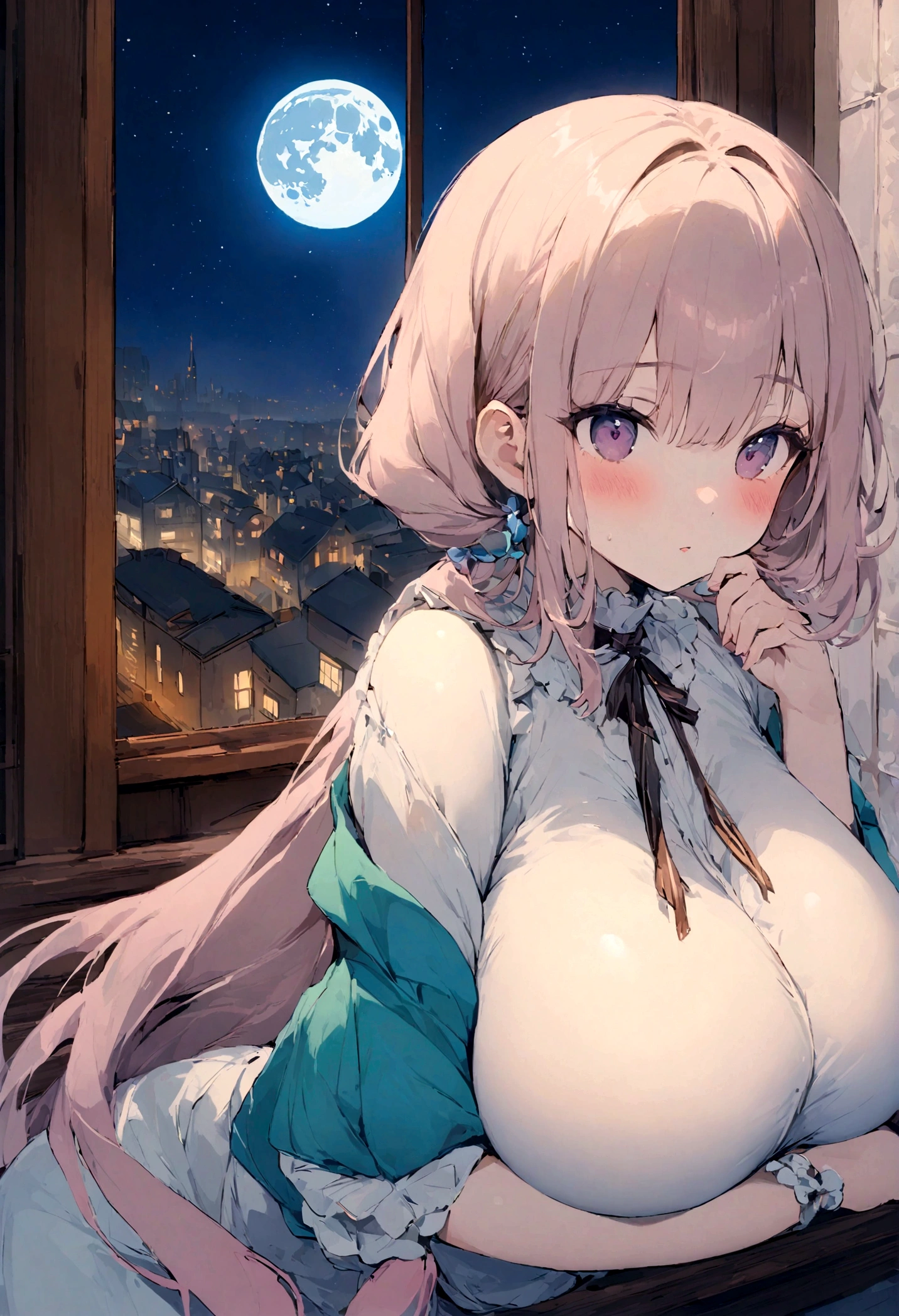 portrait、512、lofi、Girl with bike、City view outside the window、night、Pastel colors、Painting, lots of stars and moon, super big breast