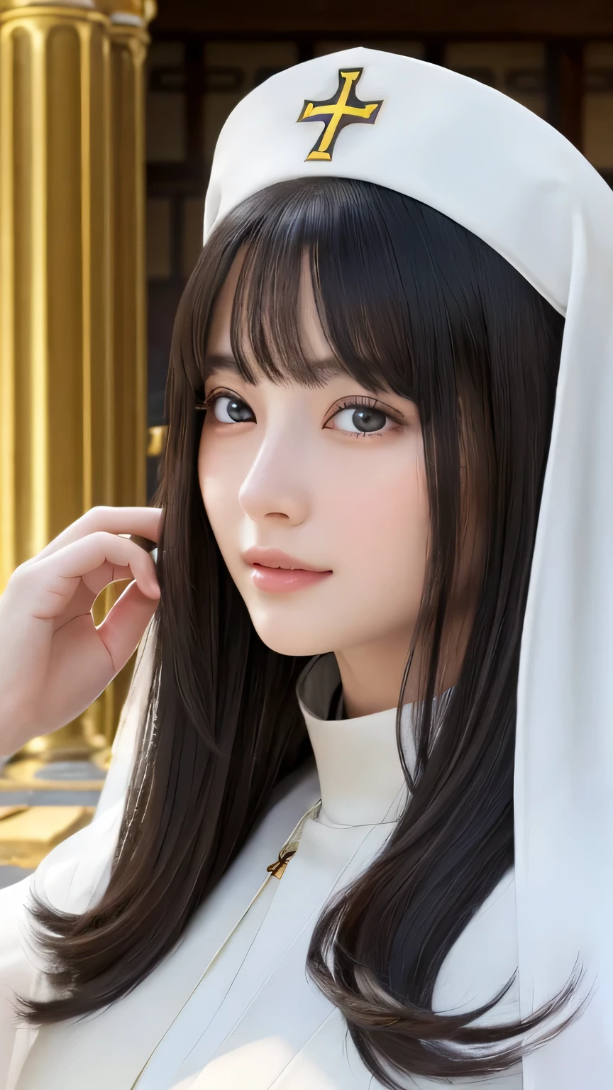 Non-NSFW、Realistic、highest quality、highest quality、masterpiece、Ultra-high resolution、RAW Photos、Realistic、Bright lighting、Face Light、Smooth Professional Lighting、Looking into the camera、alone、Adult female、Beautiful woman、Super Beauty、realistic skin、Moisturized Skin、Realistic eyes and faces、Perfect model body shape、Beautiful Eyes、Big eyes、Inconspicuous tear bags、slim、Medium sized big breasts、No bra、Beautiful fingers、Very short hair、Jet Black Hair、Iris、Looks happy、(Both ears are hidden by hair)、(saint's pure white dress)、Fantasy World、Medieval Europe、saint、(((Holy Priestess)))、Inside the temple, Small Ass, A konigsreuter, (sheer Priest's robe:1.5),(standing leaning forward:1.2),(arm up)