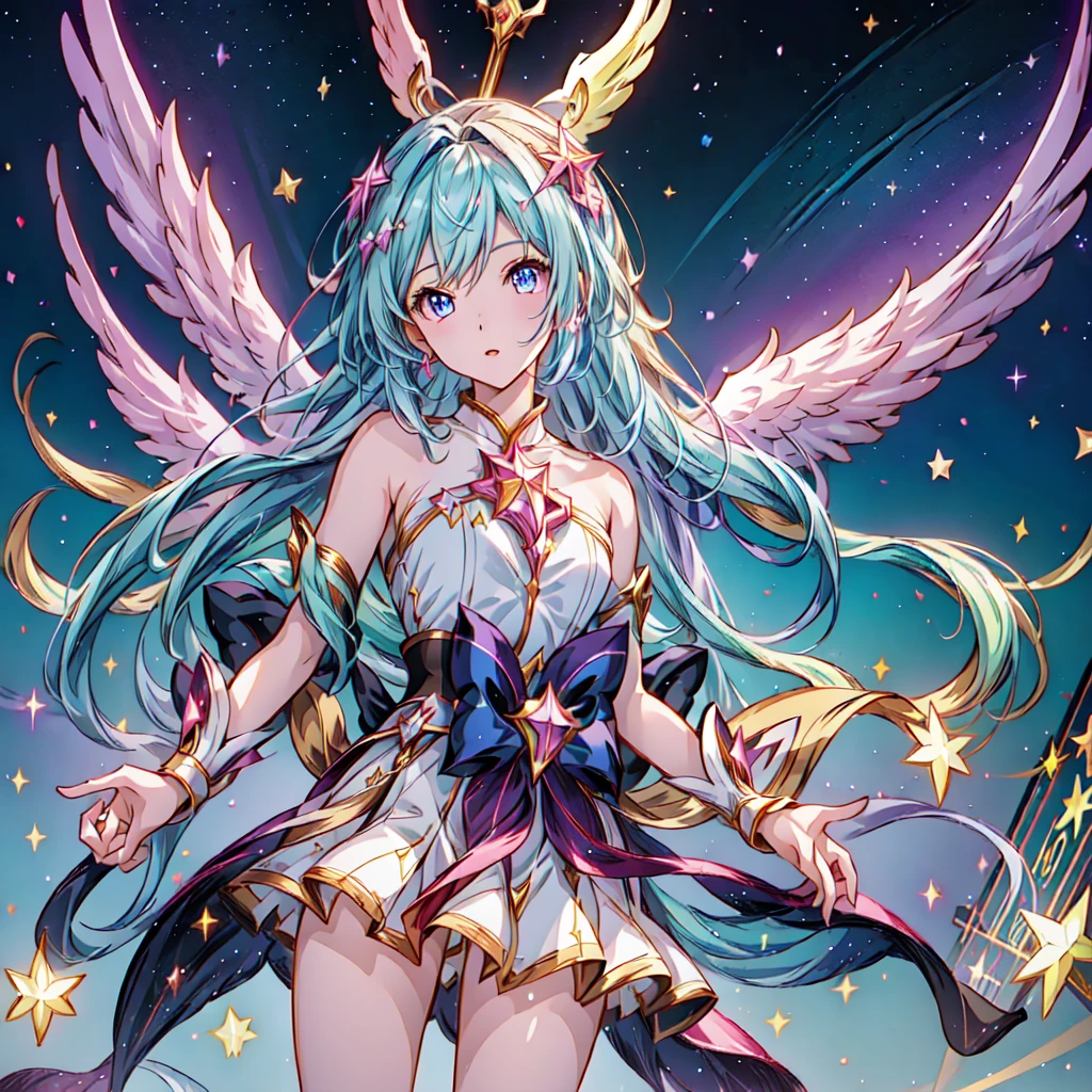 (((One girl))),Dynamic composition、Magical girl、Angel&#39;s wing、One girl, alone, Milky white short hair, Magic wand, wing, Black background, sword, Knee socks, Holding, skirt, hair ornaments, gloves, boots, feathered wing, Holding 武器, feather,  black skirt, blue eyes, black gloves, Milky hair, whole body, belt, Exposing shoulders, thigh boots, Holding Magic wand, elbow gloves, Gauntlet, [(White Background:1.5),::5] (Isoscale:1.0), Double Exposure, bubble,
Mid Shot, whole body,masterpiece, highest quality,(colorful),(Beautifully detailed eyes and face),Cinema Lighting,Highly detailed CG Unity 8k wallpaper、Super huge、whole body、