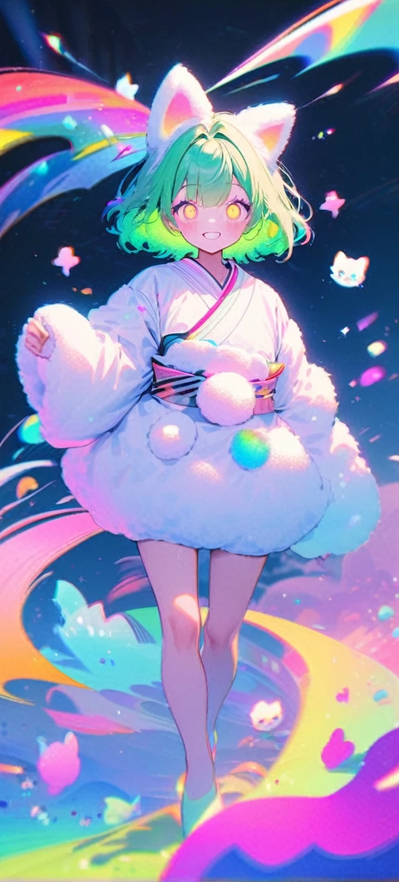 , change, Fluffy outfit ,
1 Girl, kimono, Glowing eyes, Colorful glowing hair , Full Body Love, Green Hair,
Kawaiitech, Soft colors, Kawaii, Lovely colors,happy face