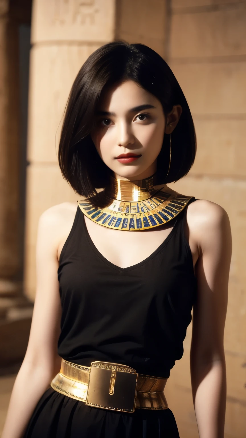 242 20-year-old female, short hair,kind, lipstick, Egyptian civilization, Waist belt, Hieroglyphics