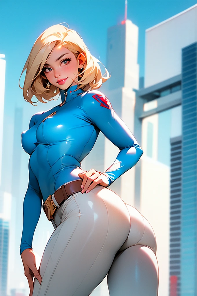masterpiece,(masterpiece, top quality, best quality),supergirl solo, platinum blonde hair, belt, hand on hip, holding, large breasts, protruding erect nipples. unzipped translucent white bodysuit (supergirl insignia on chest), choker, supergirl insignia on sleeve , unzipped translucent white jumpsuit, simple background, looking at viewer, smile, bodysuit, medium short hair, cowboy shot, bangs, standing, lips, closed mouth, brown eyes, medium hair, center opening,
