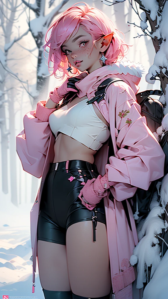 cute elf,(((little ,tiny little body,little))),(((6 ye((anime elf with extremely cute and beautiful fuchsia hair)), (((elf))), (((elf ears))),
(((flat chest))),((((fuchsia hair:1.35,short fuchsia hair,colored inner hair,ear breathing)))),(((pink_eyes:1.3))),intricate eyes,beautiful detailed eyes,symmetrical eyes,big eyes:1.5,(((freckles on the face,freckles,freckled girl))),(((lustrous skin:1.5,bright skin: 1.5,skin tanned,shiny skin,very shiny skin,shiny body,plastic glitter skin,exaggerated shiny skin,illuminated skin))),(delicate detailed fingers,detailed body,(detailed face)),
cute,slutty,erotic,daring,((nsfw)),
zettai ryouiki,revealing clothing,show skin,(((Sexy pink fur coat, pink fur coat outfit, wearing a pink fur coat:1.3,pink winter coat))),((pink mini-skirt,pink mini skirt with furry edge,visible thong straps)),((underpants strap)),(white gloves,pink clothes,semi-naked,with little pink clothing,(((furry edge clothing)))),(((intricate outfit,intricate clothes,embroidered outfit,ornate outfit,embroidered clothes,ornate clothes))),
(dynamic pose:1.0),embarrassed,(centered,scale to fit dimensions,Rule of thirds),
((snowy pine forest)),winter,scenery:1.25,((intricate scenery)),((snow forest background)),Christmas tree,
(Glossy winter ornaments),highres,sharp focus,(ultra detailed,extremely detailed),(photorealistic artwork:1.37),(extremely detailed CG unity 8k wallpaper),(((vibrant colors,vibrant theme))),(intricate),(masterpiece),(best quality),