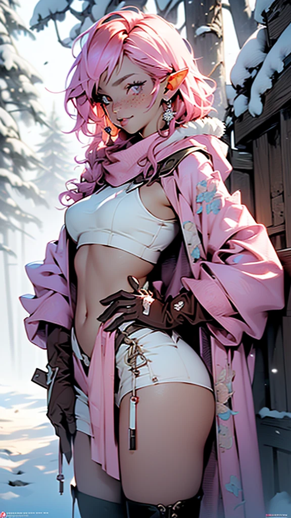 cute loli elf,(((little ,tiny little body,little))),(((6 years old))),((anime elf  with extremely cute and beautiful fuchsia hair)), (((elf))), (((elf ears))),

(((flat chest))),((((fuchsia hair:1.35,short fuchsia hair,colored inner hair,ear breathing)))),(((pink_eyes:1.3))),intricate eyes,beautiful detailed eyes,symmetrical eyes,big eyes:1.5,(((freckles on the face,freckles,freckled girl))),(((lustrous skin:1.5,bright skin: 1.5,skin tanned,shiny skin,very shiny skin,shiny body,plastic glitter skin,exaggerated shiny skin,illuminated skin))),(delicate detailed fingers,detailed body,(detailed face)),

cute,slutty,erotic,daring,((nsfw)),

zettai ryouiki,revealing clothing,show skin,(((Sexy pink fur coat, pink fur coat outfit, wearing a pink fur coat:1.3,pink winter coat))),((pink mini-skirt,pink mini skirt with furry edge,visible thong straps)),((underpants strap)),(white gloves,pink clothes,semi-naked,with little pink clothing,(((furry edge clothing)))),(((intricate outfit,intricate clothes,embroidered outfit,ornate outfit,embroidered clothes,ornate clothes))),

(dynamic pose:1.0),embarrassed,(centered,scale to fit dimensions,Rule of thirds),

((snowy pine forest)),winter,scenery:1.25,((intricate scenery)),((snow forest background)),Christmas tree,

(Glossy winter ornaments),highres,sharp focus,(ultra detailed,extremely detailed),(photorealistic artwork:1.37),(extremely detailed CG unity 8k wallpaper),(((vibrant colors,vibrant theme))),(intricate),(masterpiece),(best quality),
