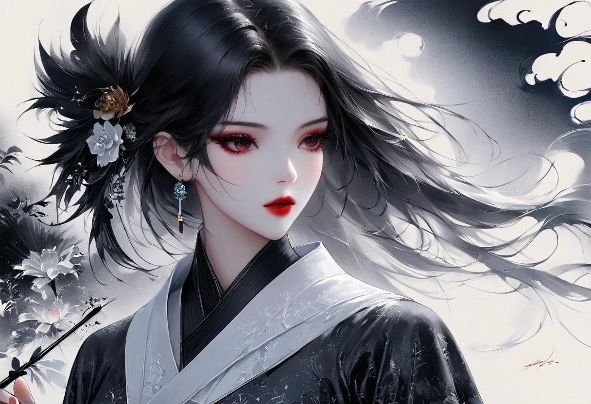 (Lots of white space:1.5),(Lots of white space around:1.6), White background, simple, Minimalism, abstract,Freehand,Aesthetic,black and white,Ink Painting,antiquity,Lotus,Girl drinking tea,An abstract art illustration, author:Li Song, Arte no estilo de guweiz, arte shin jinyoung, Obra-prima de guweiz, Ross chart 1. 0, Beautiful digital illustrations, Inspired by non-WLOP, simpledigital art, jingna zhang, guweiz, Stunning digital illustrations