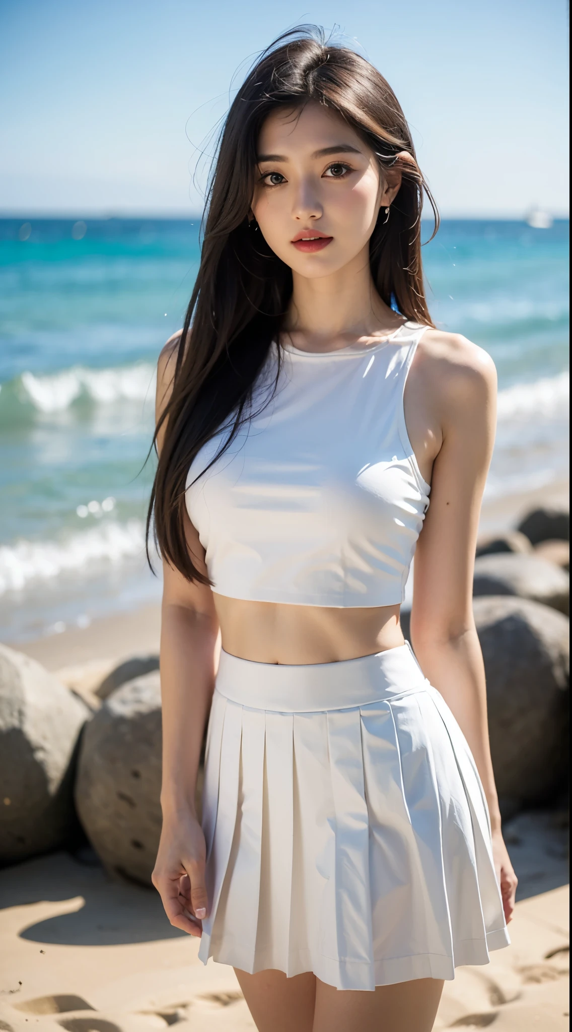 A girl，Beach，Wearing a white skirt，Upper Body，thigh，Pleated Skirt，Bright Light