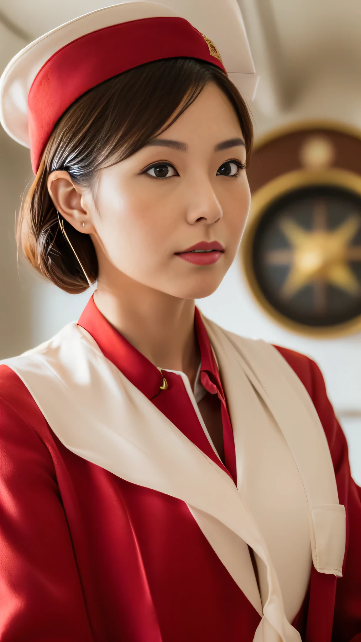 (8k, best quality, masterpiece, golden ratio composition,:1.3), (Zoom out shot:1.2), (A beautiful Japanese mature woman dressed in a classic flight attendant uniform, fitted red jacket, white blouse, red neck scarf, ,very small and short neck scarf, small red hat ,light makeup:1.4), (huge breasts), standing in an airplane cabin