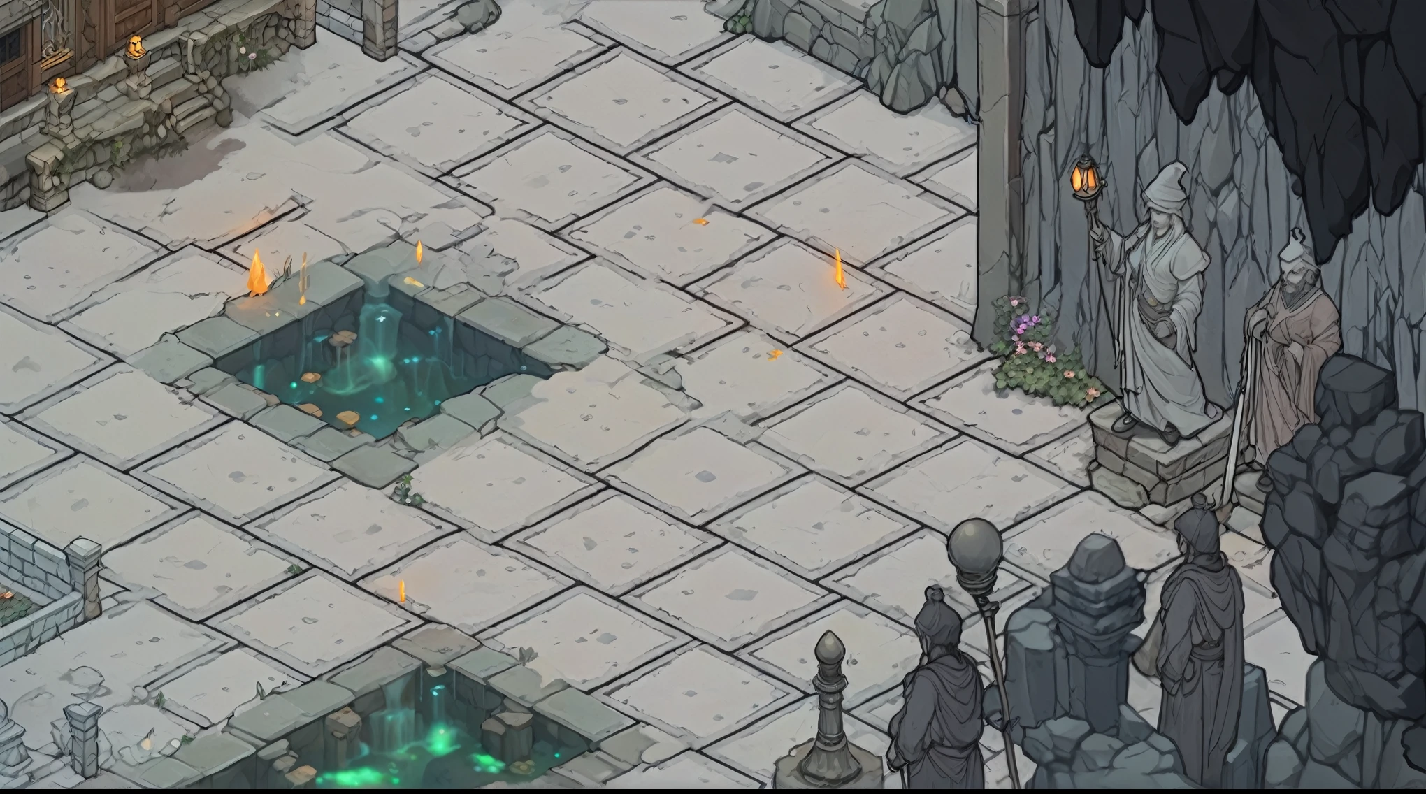 There is a painting,There is a courtyard in the painting,There are fountains and statues inside, Role Playing Scenes, Isometric game art, Isometric 2D Game Art, isometric views. role playing game, Isometric game, magical fantasy 2 d concept art, Gorgeous border + concept art, Isometric fantasy map, RPG background, Dungeon Background, 2D , Incredible isometric screenshots