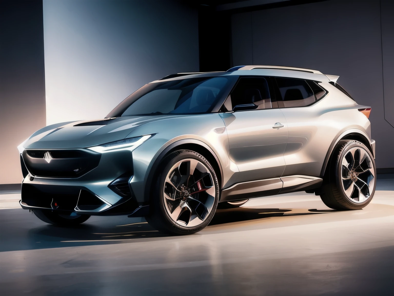 Generate an image of a concept SUV parked in a photography studio. The vehicle should have a modern and futuristic design, with clean lines and innovative features that suggest a high level of technology. Capture the SUV from a three-quarter front view to showcase its muscular stance and distinctive taillights. The studio lighting should be bright and even, highlighting the vehicle's contours and metallic finish. The background should be a seamless, neutral gray that emphasizes the SUV's sleek silhouette without distraction. Include subtle reflections on the SUV's surface to add realism and depth to the image. The overall atmosphere should convey a sense of luxury and cutting-edge design.