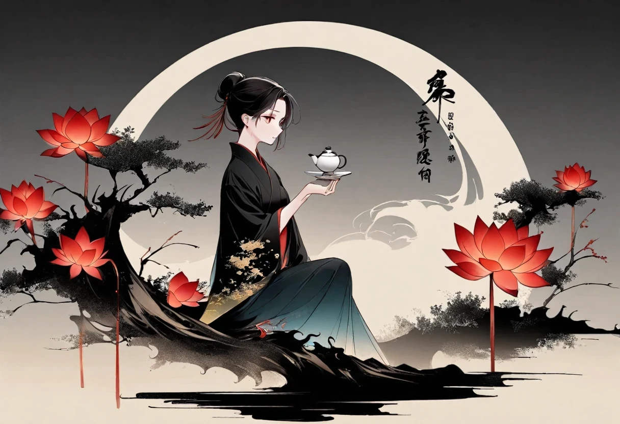 (Leave a lot of white:1.5),white, White background, simple, Minimalism, abstract,Freehand,Aesthetic,Tai Chi,Gossip,Black and white,Taoist style,Ink Painting,antiquity,Lotus,Girl drinking tea