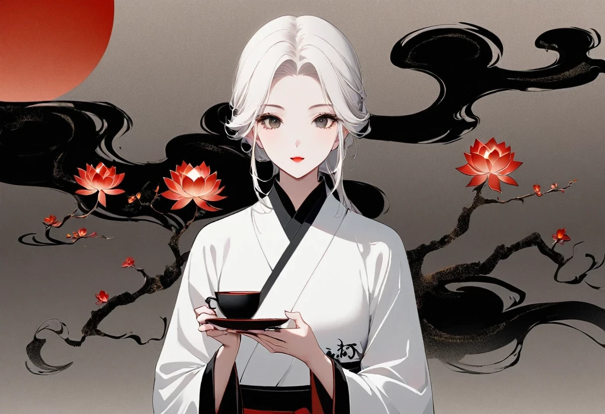 (Leave a lot of white:1.5),white, White background, simple, Minimalism, abstract,Freehand,Aesthetic,Tai Chi,Gossip,Black and white,Taoist style,Ink Painting,antiquity,Lotus,Girl drinking tea