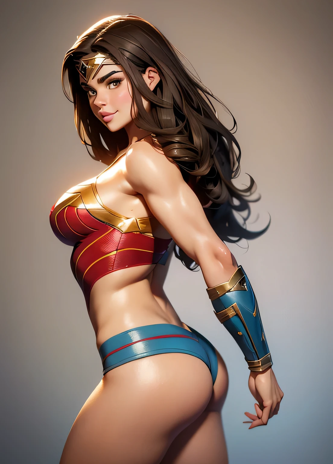 PhotoRealistic Art Style, Natural Beauty, Masterpiece, Full Body View Visible, Hailee Steinfeld, Perfectly Accurate Face Proportion,Realistic Light Hazel Brown Eyes, Thick Eyebrows, Brown hair, slim toned Thighs, tight ass, perky round breast , slim athletic body type, perfect body type, seductive smile, wonder woman