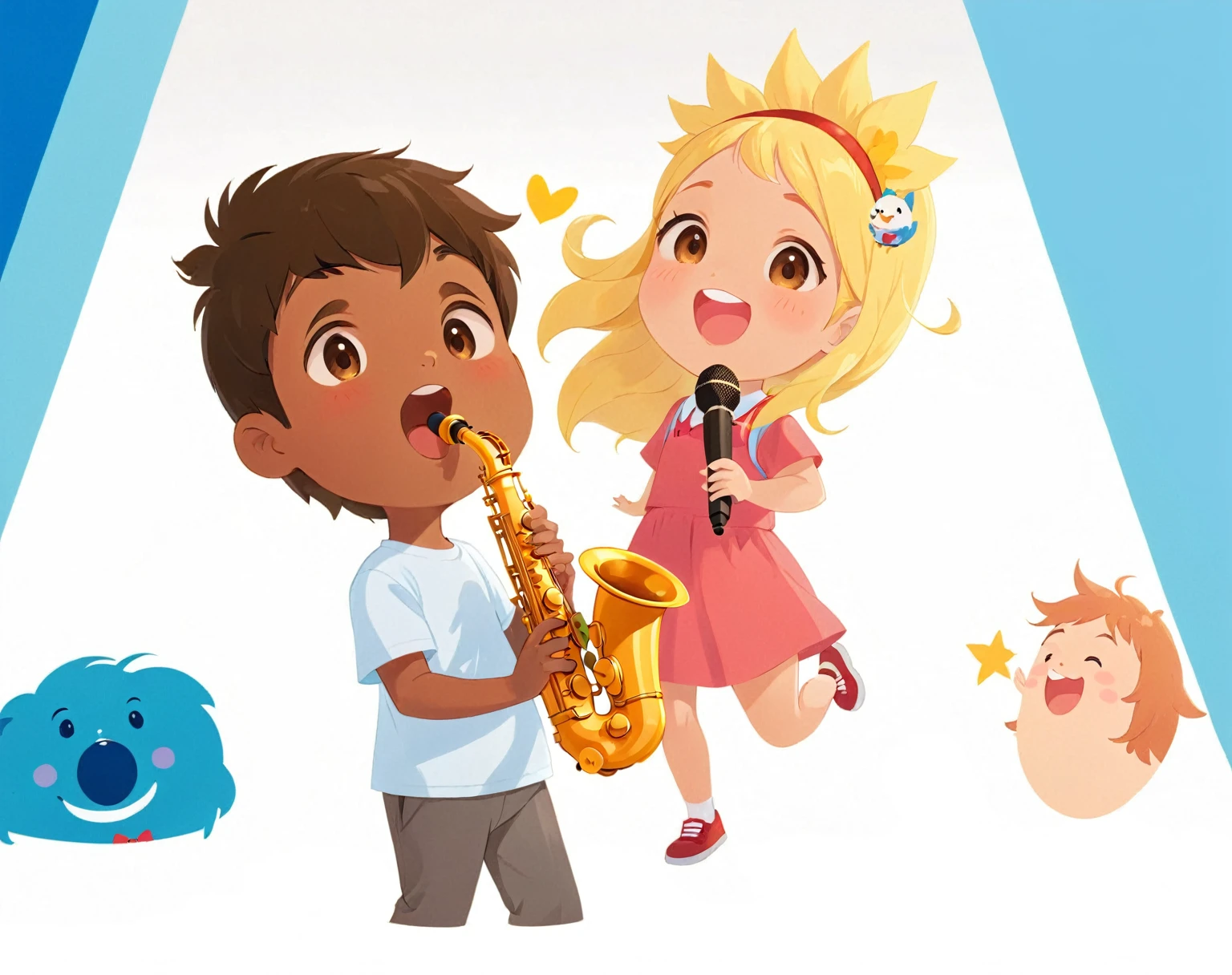 masterpiece, highquality, a close up of a cartoon of a group of people, album artwork, 🪔 🎨;🌞🌄, banner, school, ???, singing, playing saxophone, cute