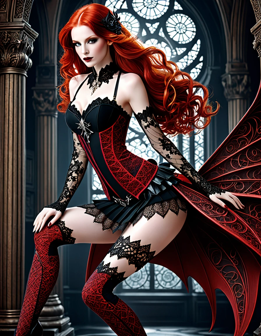 Sublime harpie belle et sensuelle, very long flamboyant red hair very detailed, jambes longues et sublime, romantique et sensuelle, futuriste, sublime poitrine effet push-up, very thin waist, abdominaux légèrement dessinés, fine detailed lace with gothic fractal patterns, light short skirt, (((deux sublimes et charmantes petites ailes de dragon))), ((hyperRéaliste, masterpiece, superior quality, high resolution, Extremely detailed)), ((highly detailed CG unified 8K wallpaper)), visage Extremely detailed beauté sublime, (me regarde, vole vers moi)