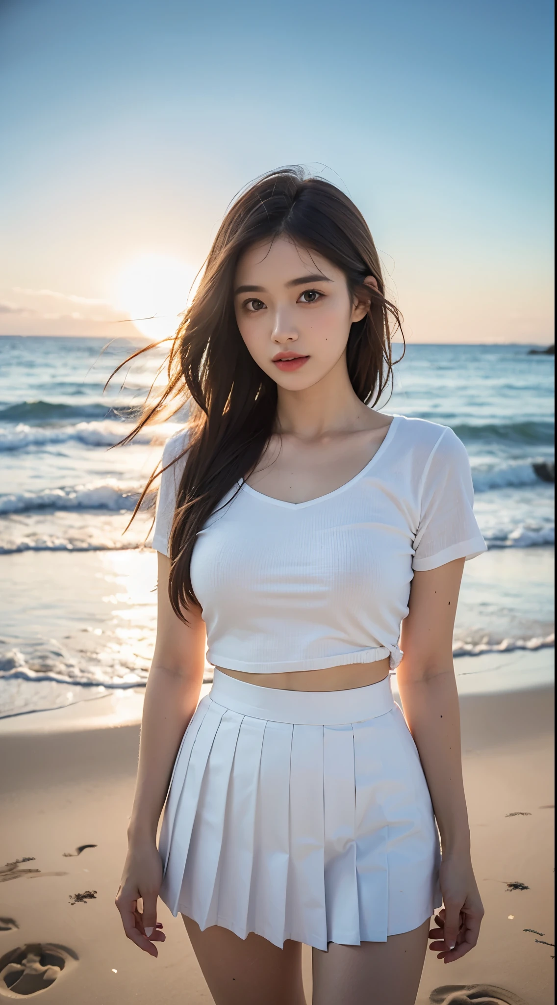 A girl,Beach,Wearing a white skirt,Upper Body,thigh,Pleated Skirt,Bright Light