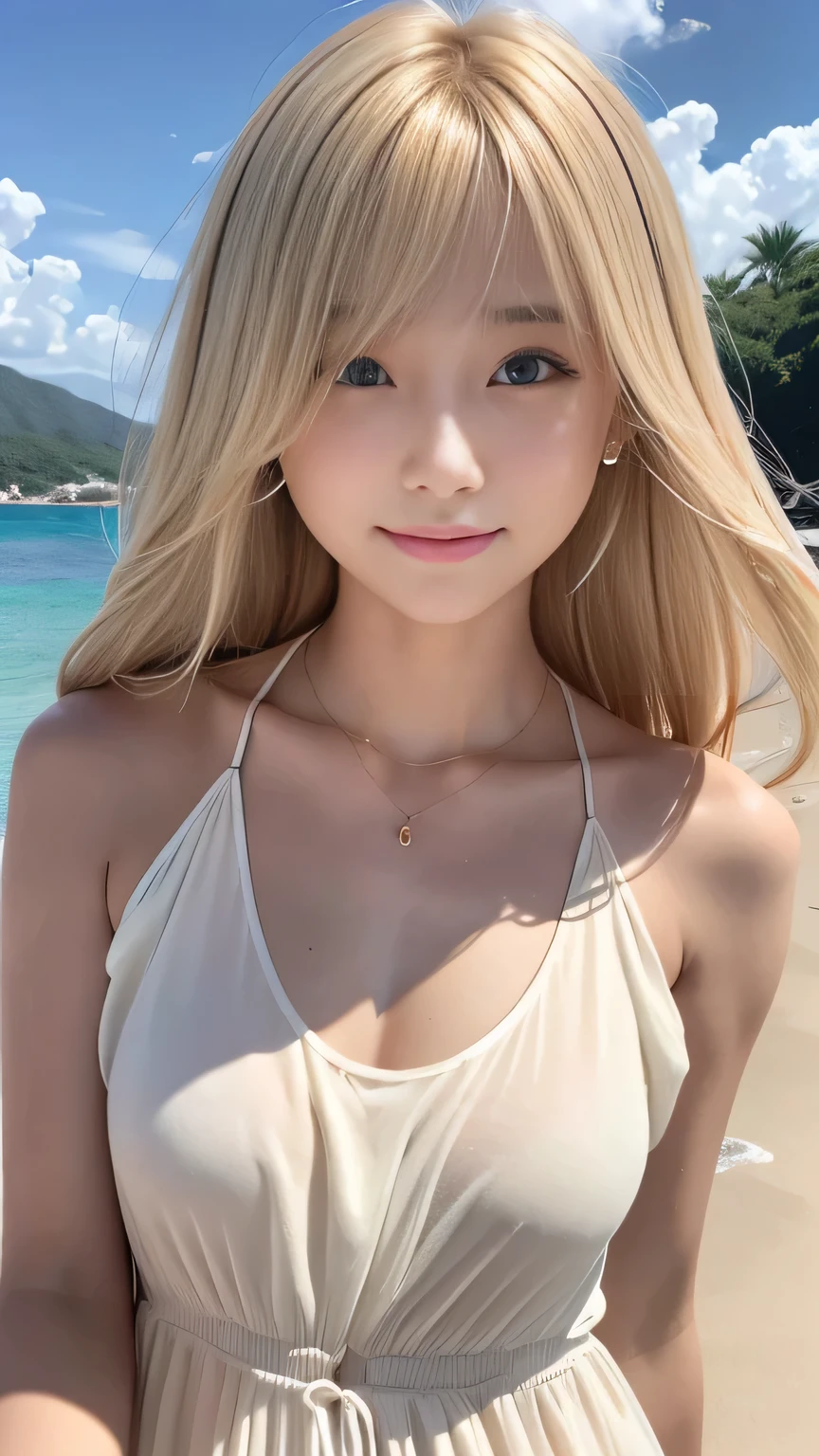 Sunburn marks on tanned skin、Bright blonde hair,A cute 20-year-old girl with a cute look, A strong wind blows my hair in front of my face、beautiful short blonde hair、beautiful, Cute eyes hidden by long bangs、Yawn、No visible nasolabial folds、Short length dress