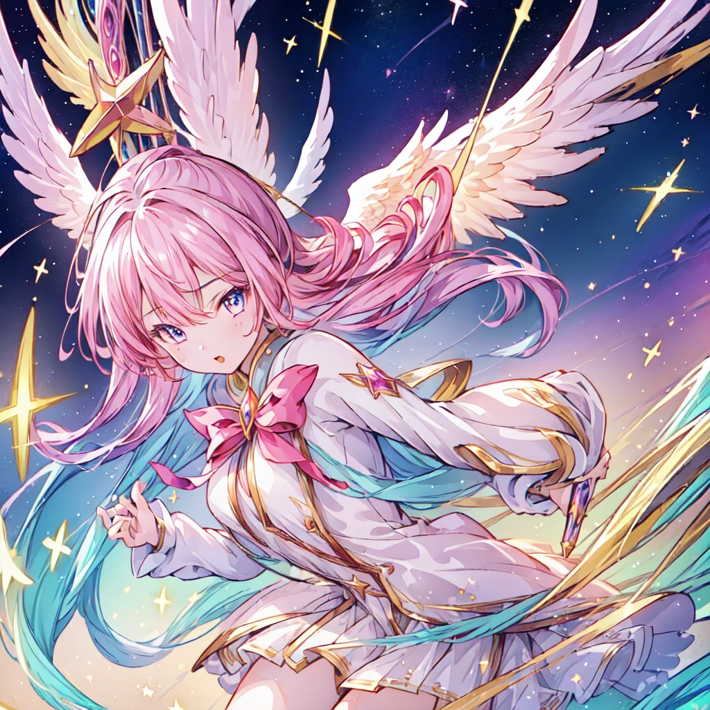 (((One girl))),Dynamic composition、Magical girl、Angel&#39;s wing、One girl, alone, Milky white short hair, Magic wand, wing, Black background, sword, Knee socks, Holding, skirt, hair ornaments, gloves, boots, feathered wing, Holding 武器, feather,  black skirt, blue eyes, black gloves, Milky hair, whole body, belt, Exposing shoulders, thigh boots, Holding Magic wand, elbow gloves, Gauntlet, [(White Background:1.5),::5] (Isoscale:1.0), Double Exposure, bubble,
Mid Shot, whole body,masterpiece, highest quality,(colorful),(Beautifully detailed eyes and face),Cinema Lighting,Highly detailed CG Unity 8k wallpaper、Super huge、whole body、