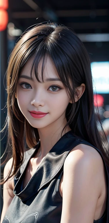Masterpiece, 1 Beautiful Girl, Detailed, Swollen Eyes, Top Quality, Ultra High Resolution, (Reality: 1.4), Original Photo, 1Girl, Cinematic Lighting, Smiling, Japanese, Asian Beauty, Korean, Clean, Super Beautiful, Little Young Face, Beautiful Skin, Slender, Cyberpunk Background, (ultra realistic), (high resolution), (8K), (very detailed), (best illustration), (beautifully detailed eyes), (super detailed), (wallpaper), (detailed face), viewer looking, fine detail, detailed face, pureerosfaceace_v1, smiling, 46 point slanted bangs, looking straight ahead, neat clothes, dark colored eyes, clothes sleeveless, body facing front,