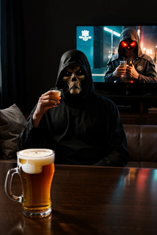 The reaper watches TV with a glass of beer in his hand