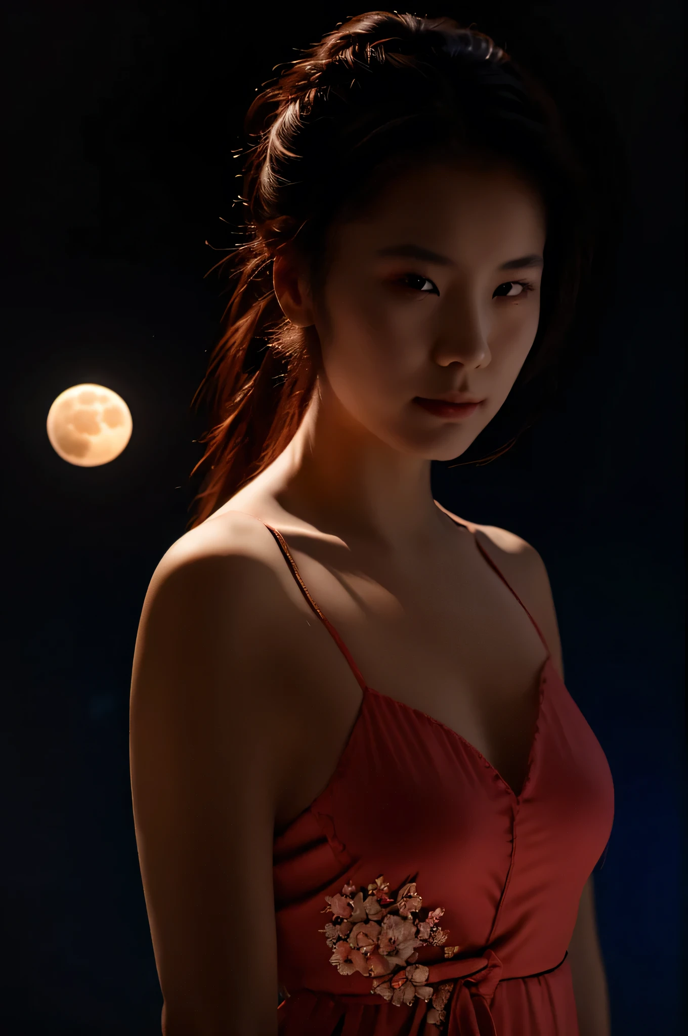 photography. a beautiful Japanese woman, in a Chinese negligee, ponytail hair, face in a glass helmet, holding a moon with a red aura, bright blue hair, slightly dim lighting, black background, realistic photography. material quality.