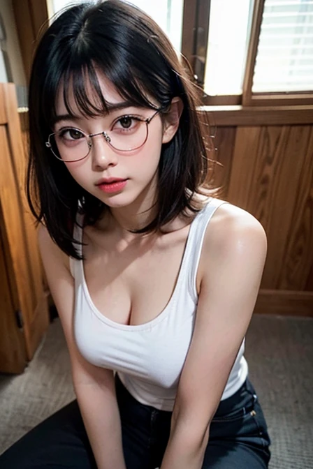 (SFW:1.8、masterpiece, highest quality), 1 Japanese girl, alone, Realistic, Looking at the audience, Light Black eyes:1.4, with highly detailed shiny hair, Lepangas:1.4), Mouth closed, Big Breasts eye、eyelash, Chest cleavage:2, (((Beautiful and cute bangs:2、Jet Black Hair:2, Add highlights to the eyes:1.4, big chest, Glowing Skin:1.4, Looking at the audience, She is very 美しい and cute, Show me your ears, Beautiful long neck, Please close your mouth and laugh, Ideal body type, Beautiful long neck:1.4, ((Transparency, clear, Transparent beauty, Gloss)), Perfect Anatomy, ((Portrait, Attractive woman)), 26 years old, Bun Hair, Medium Hair, Shiny Hair, longeyelashes, solid circle eyes, glossy lips, ear blush, ccurate, ((wear white color Tank Top)), cheeks are red, anatom, ((wearing glasses)), ((Camera angle is Full Body Shot)), ((Posing is Lotus Position)), Hyper realistic, anaglyph, stereogram, pov, atmospheric perspective