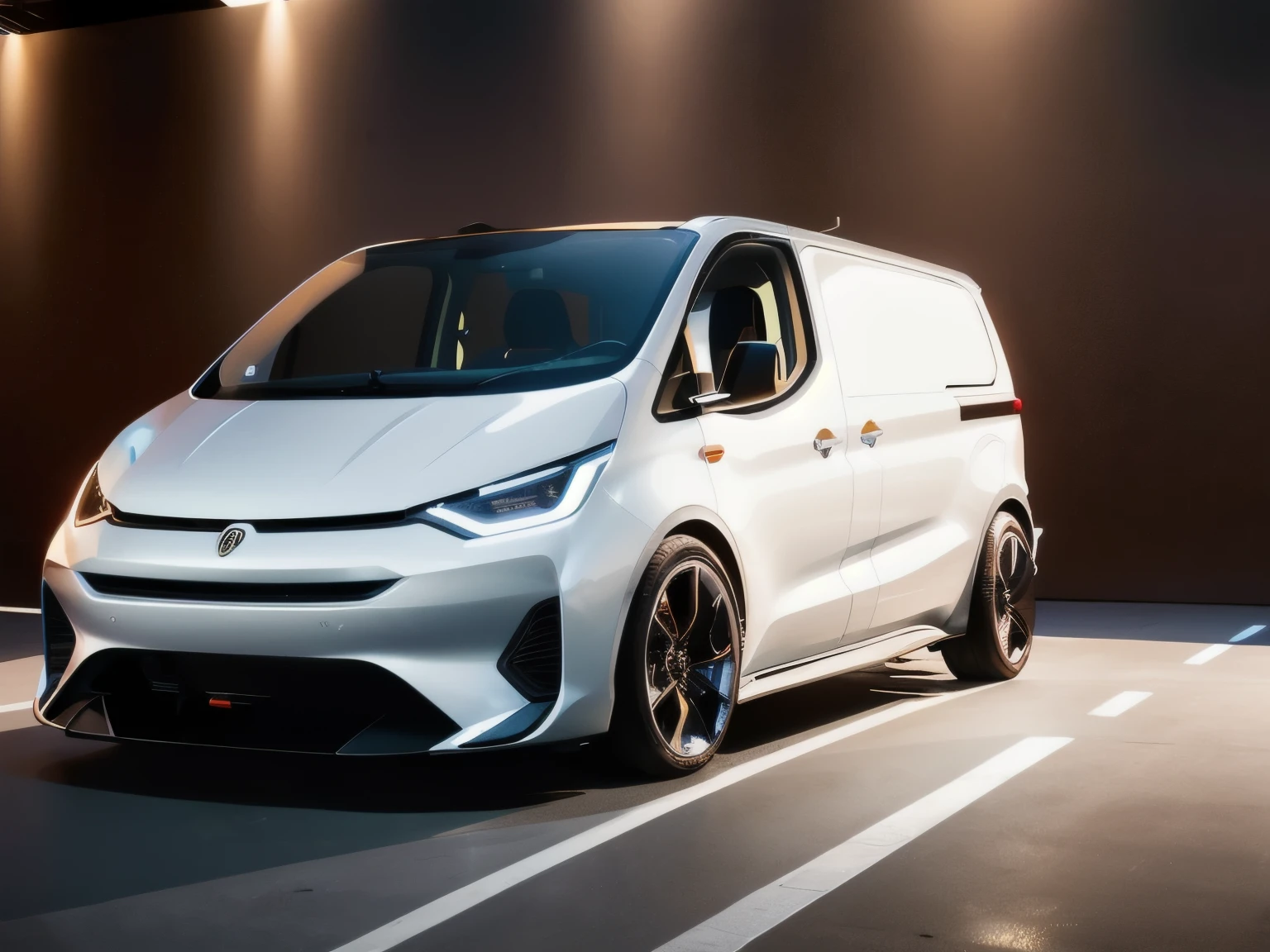 Generate an image of a concept designed van parked in a professional photography studio. The van should exhibit avant-garde styling with a blend of functionality and aesthetic appeal, featuring a minimalist front grille, wraparound LED headlights, and a sleek, elongated body. Capture the van from a dynamic angle that accentuates its spacious cargo area and passenger cabin. The lighting in the studio should be well-balanced, casting crisp shadows that define the van's contours and bring out the luster of its futuristic paint job. The backdrop should be a clean, neutral tone that doesn't compete with the van's design, allowing the vehicle to stand out with clarity. Incorporate reflective highlights on the van's surface to add a touch of realism and depth. The overall scene should evoke a sense of innovation and readiness for the future.