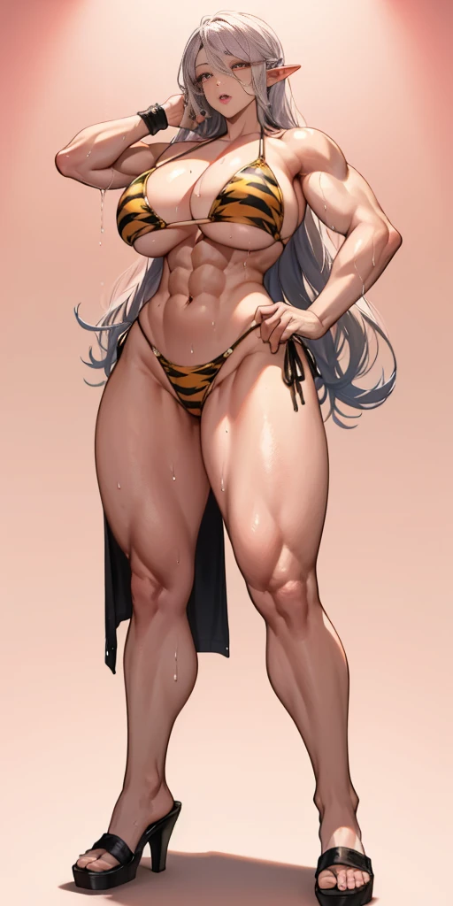 Full body, masterpiece, 1solofemale drow elf purple skin standing pose (yellow tiger bikini) back cover with a towel, bikini, long white hair, strong body, abs, Ultra Quality, shiny skin, Atmospheric, 8K, Cinematic ((pink bedroom background)) BREAK, sunglasses (wet body :1.2) ultra-detailed face, detailed lips, detailed eyes, double eyelid, sensual low-necked dress, open neckline, side pose, visible curves, sunglasses, muscular turned leg, far shot view from below