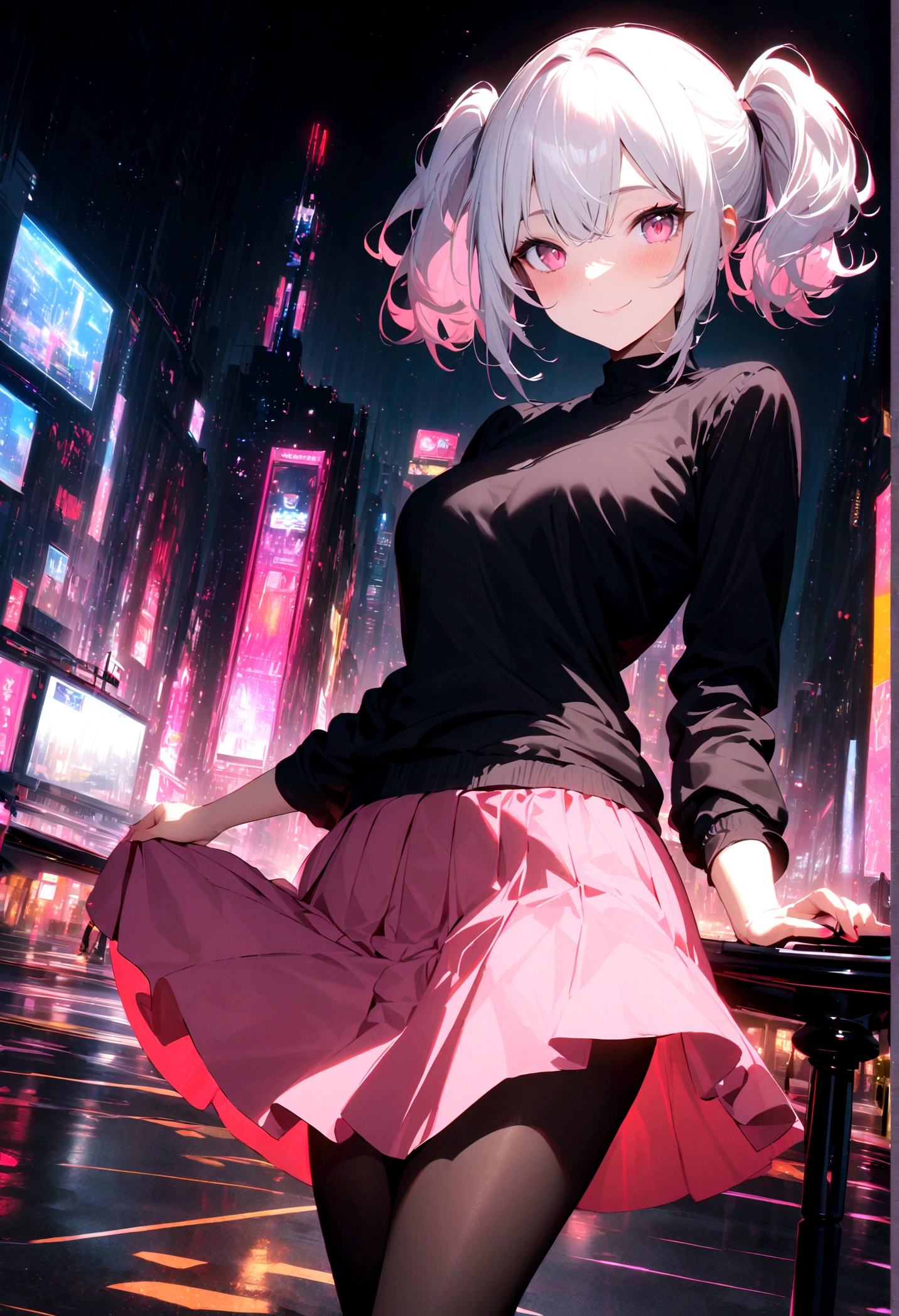 1girl, white hair, short twintails, smiling, pink eyes, wearing plain black shirt, pink skirt, black leggings, city, absurdres, high res, ultrasharp, 8K, masterpiece, looking at viewer, no hat