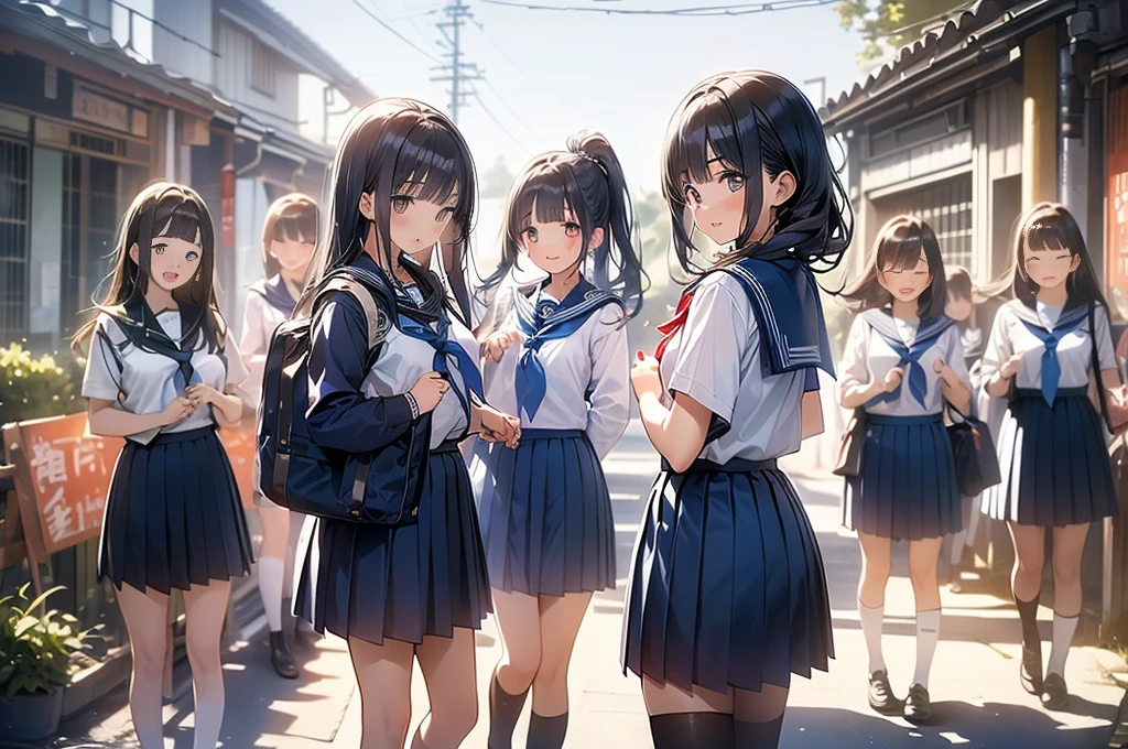 NSWF:1.3,(masterpiece: 1.2, highest quality, masterpiece, Clearer images), (Bright colors), ((Take clear photos even from a distance)), (Multiple Girls), (Harem), (School classmates), (((All school uniforms have the same design))), (((Everyone is wearing the same navy blue skirt))), ((16 years old)), ((prostitution婦)), (prostitution宿, On the bed), (cute Japanese((6 Girls))), (((infant'face))), ((Group shot)), (Group selfie), ((I can see your butt from your thighs))、Wide-angle, Soft Light, ((((Laugh with your mouth wide open)))), (Slightly larger breasts), ((prostitution)), (Lure), ((Audiences love it)), (((A lot of hearts are flying))), landscape、(((Showing panties:1.6)))、((((M-shaped legs:1.4)))、((Female masturbation:1.8))、((Grab your chest:1.3)),(((Good lift:1.2)))、Close one eye、Push out'between legs