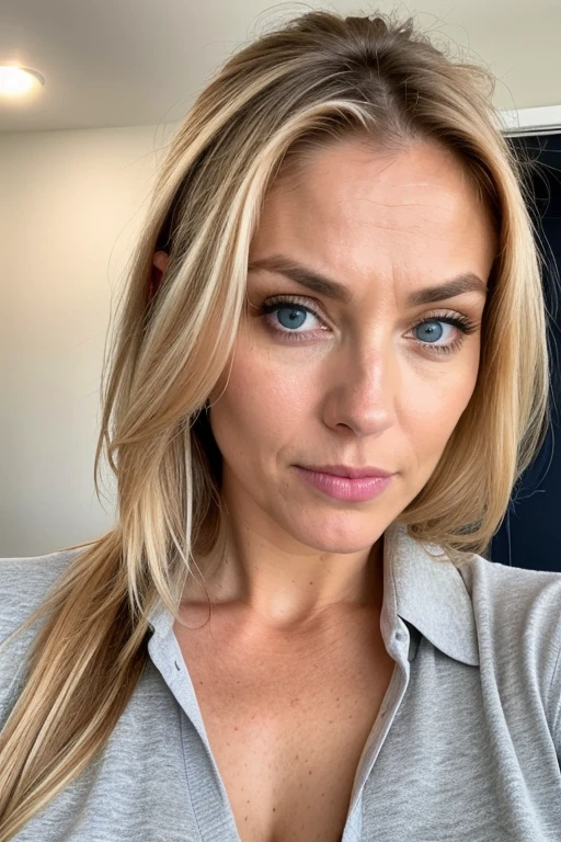 beautiful woman of 45 years old with blue eyes, blond with brown roots, hair in bun with tendrils, looking directly at the camera, very realistic, instagram selfie, closeup face, at home, dark blue tight polo tucked, high-waist beige/brown suitpants, clothes tight against body, clothes too tight, film grain, fit muscular body, big breasts, focus on face, clothes too tight, disappointed in viewer, angry eyes, dominating look