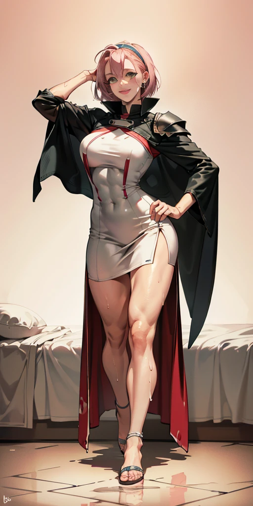 Full body, masterpiece, 1soloMILF standing pose long cape, strong body, abs, Ultra Quality, shiny skin, Atmospheric, 8K, Cinematic ((pink bedroom background)) BREAK, sunglasses (wet body:1.2) ultra-detailed face, detailed lips, detailed eyes, double eyelid, sensual low-necked dress, open neckline, side pose, visible curves, transparent robe, sunglasses, muscular turned leg, Masterpiece, stunning realistic, best quality, sharpness,1girl, forehead mark (full body toe to head metal arnor:1.1) knight armor, Sakura Haruno short bob pink hair, green eyes, red hairband, middle large breasts, cute smile
