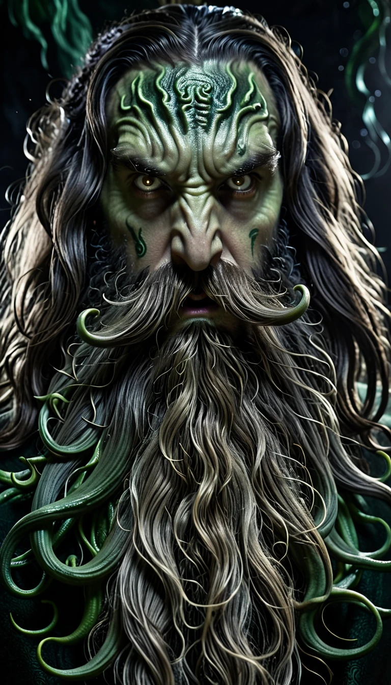 a man with long hair and a long beard, hair and beard styled to look like Cthulhu, beard and hair in the shape of Cthulhu, abstraction, detailed face, detailed eyes, detailed expression, dramatic lighting, dark moody atmosphere, dark colors, surreal, eldritch, cosmic horror, highly detailed, 8k, masterpiece, photorealistic