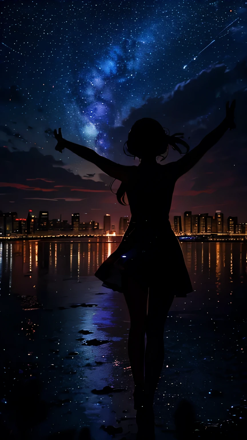 A girl is dancing、silhouette, Rear View,Space Sky, milky way, Anime Style, cherry blossoms,夜cherry blossoms,Cherry blossoms fluttering all around,Night view of the city from the mountainside,