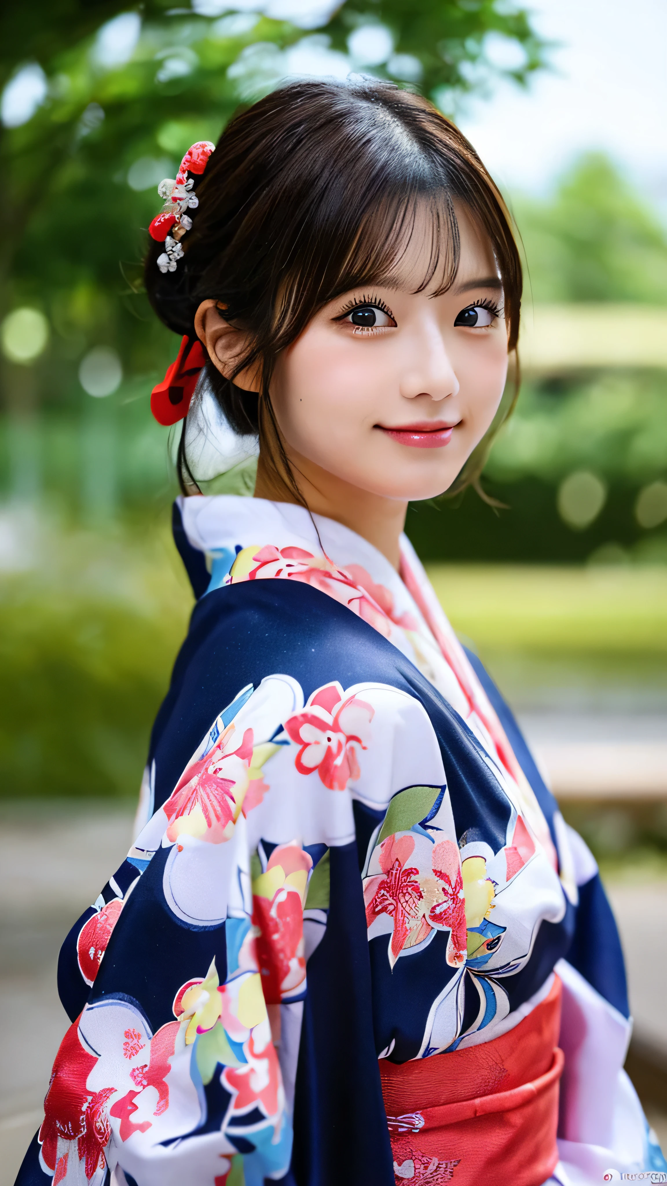 （8k、high resolution、High resolution、Fine details）Beautiful eyelashes、High resolutionの顔、Zoom out、18 years old、 Beautiful detailed eyes、Random cute hairstyles、yukata、Summer festival、Japan、Standing posture