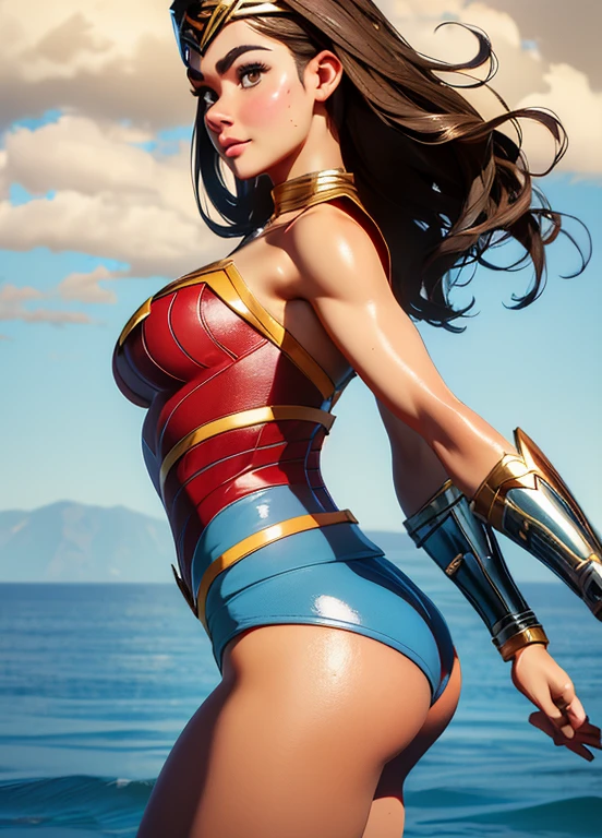 PhotoRealistic Art Style, Natural Beauty, Masterpiece, Full Body View Visible, Hailee Steinfeld, Perfectly Accurate Face Proportion,Realistic Light Hazel Brown Eyes, Thick Eyebrows, Brown hair, slim toned Thighs, tight ass, perky round breast , slim athletic body type, perfect body type, seductive smile, wonder woman