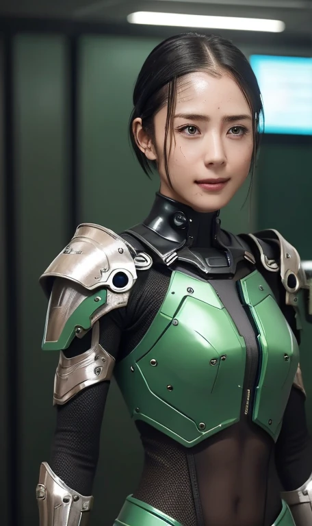 Textured skin, Super detailed, Attention to detail, high quality, 最high quality, High resolution, 1080p, hard disk, beautiful,(War Machine),beautifulサイボーグ女性,Dark Green Mecha Cyborg Girl,Battle Mode,Girl with a mechanical body,She is wearing a futuristic combat weapon mecha、Very short hair、Brown eyes、Sweaty、Cute Smile、