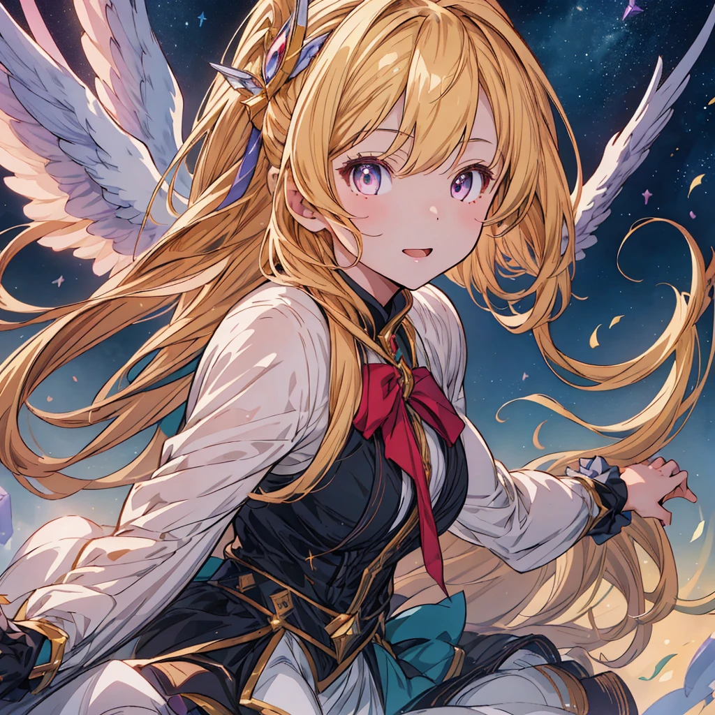 highest quality、最高masterpiece、Ultra-detailed eyes、(((One girl))),Dynamic composition、Magical girl、Angel&#39;s wing、One girl, alone, Milky white short hair, Magic wand, wing, Black background, sword, Knee socks, Holding, skirt, hair ornaments, gloves, boots, feathered wing, Holding 武器, feather,  black skirt, blue eyes, black gloves, Milky hair, whole body, belt, Exposing shoulders, thigh boots, Holding Magic wand, elbow gloves, Gauntlet, [(White Background:1.5),::5] (Isoscale:1.0), Double Exposure, bubble,
Mid Shot, whole body,masterpiece, highest quality,(colorful),(Beautifully detailed eyes and face),Cinema Lighting,Highly detailed CG Unity 8k wallpaper、Super huge、whole body、