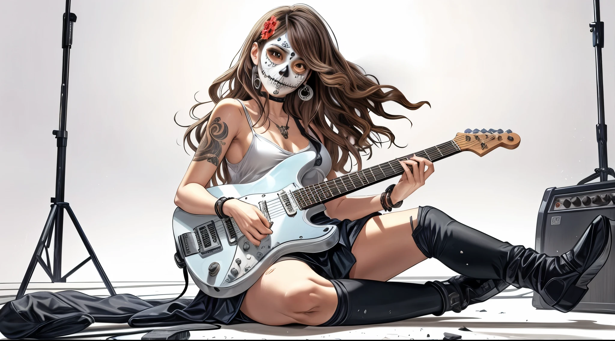 ((japanese 3d style manga anime artwork)) (((textile & face natural shading))), (((Best Quality))), (((masterpiece))), (((cartoon style with natural dramatic shade))) 1 girl visual, manga environtment art (A girl with mexican de los muertos style skull face painting on her face), full body stylish cool gesture, long brown wavy hair. The image depicts a 3d cartoon anime-pixar style character of a female skull wearing a guitar. She is playing it while sitting on the ground. ultra high definition, 8K