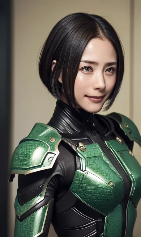 Textured skin, Super detailed, Attention to detail, high quality, 最high quality, High resolution, 1080p, hard disk, beautiful,(War Machine),beautifulサイボーグ女性,Dark Green Mecha Cyborg Girl,Battle Mode,Girl with a mechanical body,She is wearing a futuristic combat weapon mecha、Very short hair、Brown eyes、Sweaty、Cute Smile、