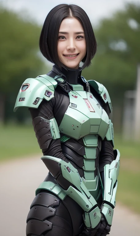Textured skin, Super detailed, Attention to detail, high quality, 最high quality, High resolution, 1080p, hard disk, beautiful,(War Machine),beautifulサイボーグ女性,Dark Green Mecha Cyborg Girl,Battle Mode,Girl with a mechanical body,She is wearing a futuristic combat weapon mecha、Very short hair、Brown eyes、Sweaty、Cute Smile、