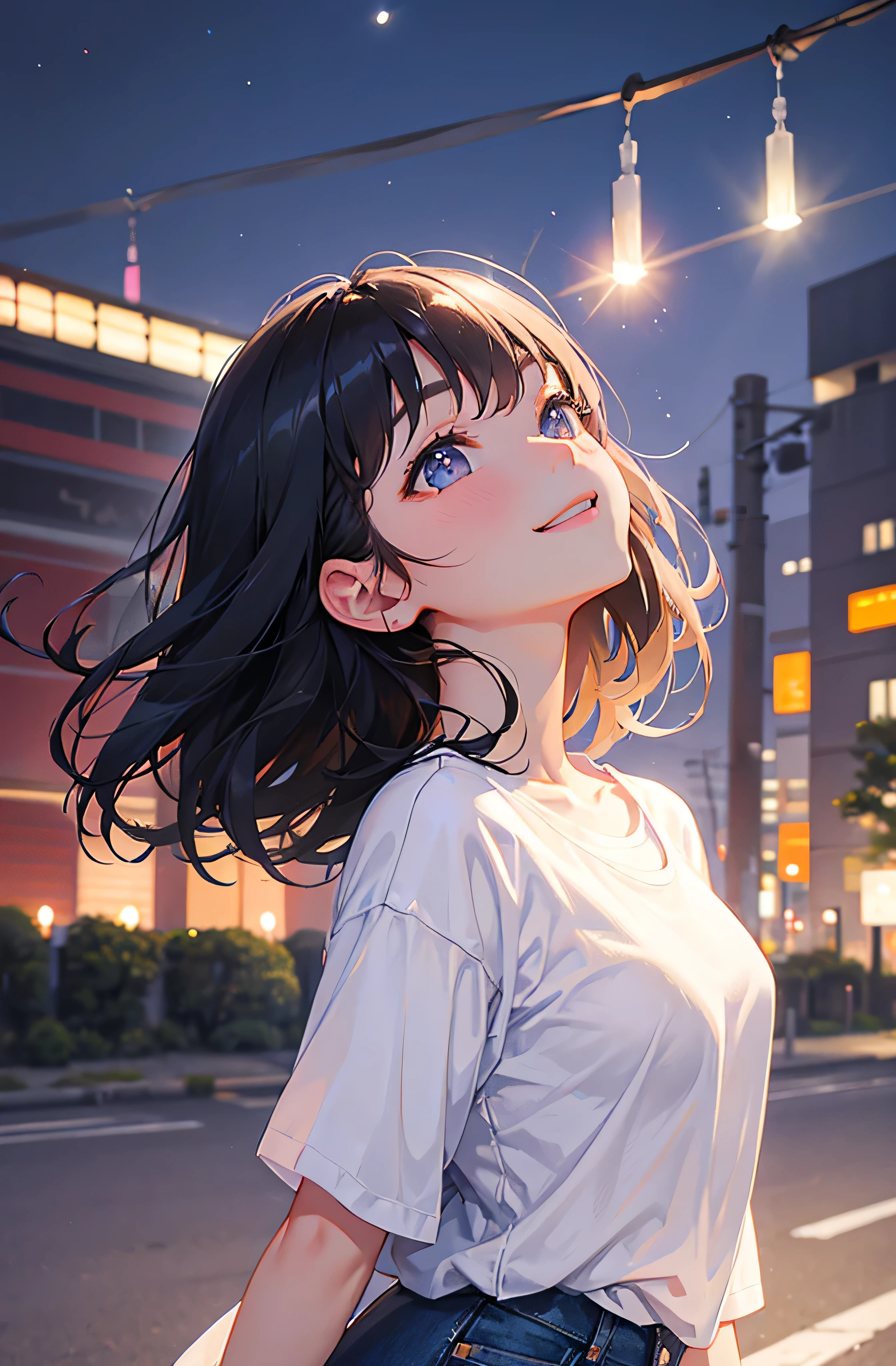 beautiful girl、Looking up at the sky、smile、Black Hair、Night Sky、Tokyo、White T-shirt、denim