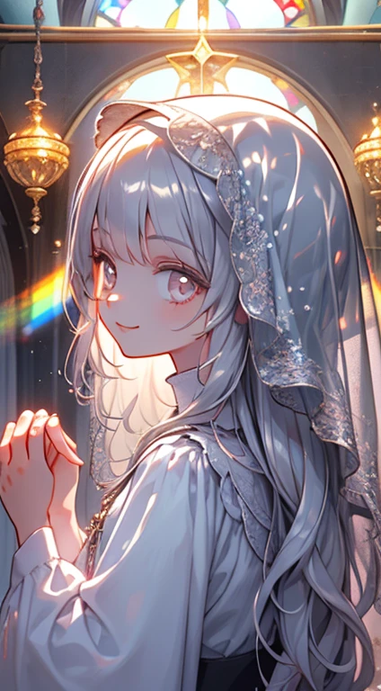 masterpiece, 1 girl, In detail, quality, Look in the mirror now, Rembrandt Lighting, (complicated details), View Viewer, smile, dramatic, Ray Tracing, One girl, Silver Hair, Long Curly Hair, Put your palms together, with own hands, Shine, Hello, See-through veil, complicated, jewelry, A Gothic Church