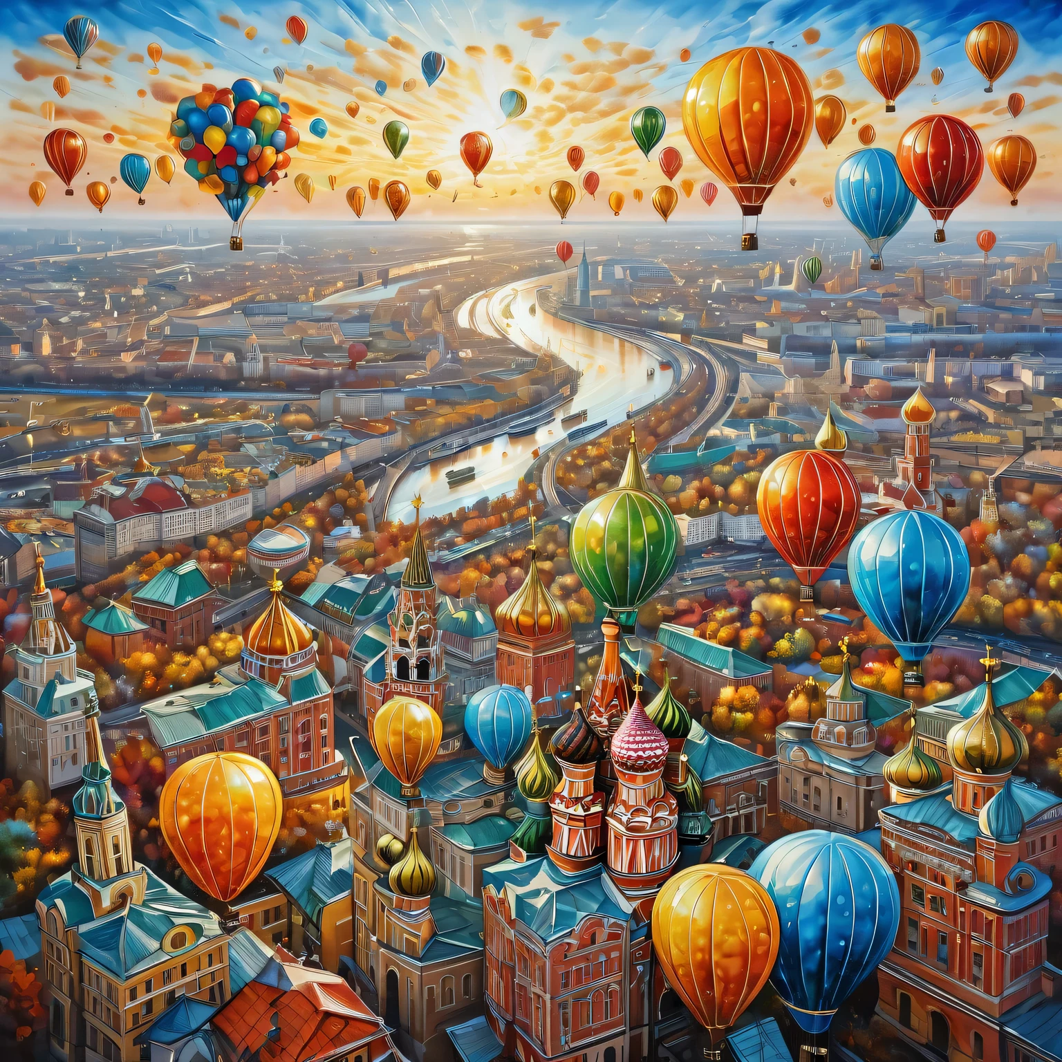 ((Liquid Metal Art)), the painting is painted with liquid metals on textured paper and depicts a beautiful landscape of Moscow from a bird's eye view, colorful balloons are flying over Moscow, a bright sunny day, top angle, the painting is made of liquid metal of different colors and liquid gold,  Metal, craftsman's work, clear contours, 32k