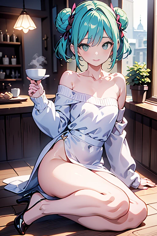 (((Masterpiece))),(((Super Detail))),(((in 8K))),(((best composition))),(((Rim lighting,Fireglow effect,deep shadow))),solo,(Hatsune Miku:1.0),Beautiful fingers,Detailed finger features,(Detailed hair features:1.7),(Dynamic and sexy bending pose:1.3),detailed facial features,detailed clothes features, (perky chest:1.1), (pointed chest:1.3), delicate beautiful face, Bright blue eyes, cute eyes, sparkling eyes, Big eyes, beautiful detailed eyes,double bun with glittering hair ornament,(super detailed glossy skin:1.3),slender body,(small breasts:1.2), (perky chest:1.2),goddess smile,((with sparkling eyes and a contagious smile)),beautiful posture,have a cup of coffee,black hair, green eyes, dress, bare shoulders, jewelry, collarbone, sidelocks, hairband, earrings, indoors, off shoulder, sweater, arms behind back, plant, short hair with long locks, white hairband, off-shoulder dress, sweater dress, off-shoulder sweater, red sweater, big side hair, very long side hair,seductive cleavage:1.1,beautiful glossy legs,shiny red high heels,lifting dishes with cakesd,in a french restaurant,hustle and bustle,rising steam of a coffee,looking at viewer,